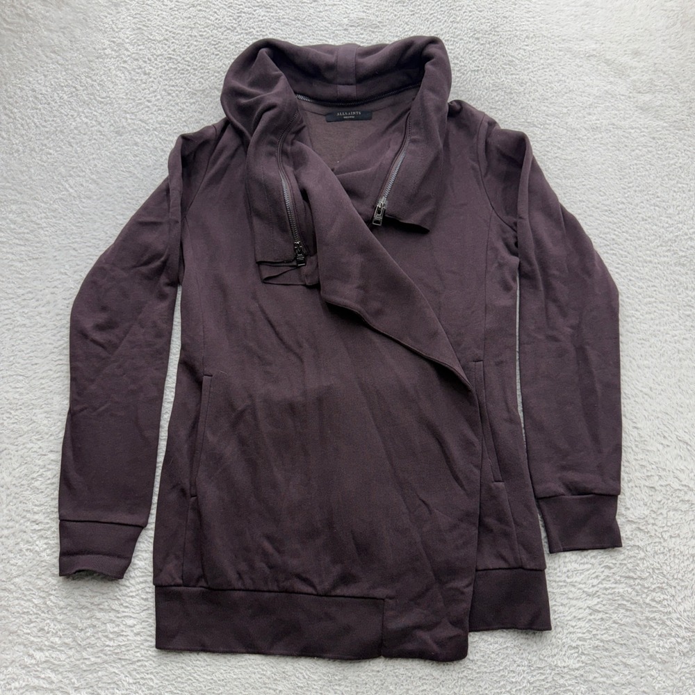 AllSaints Dahlia Sweat Asymmetrical Zip Cardigan Dark Plum Brown WM163F Medium